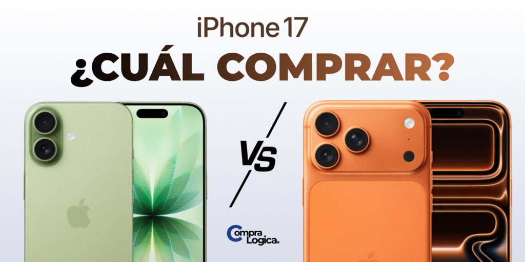 Comparativa visual entre iPhone 17 y iPhone 17 Pro en colores verde y naranja — imagen creada por Compra Lógica para la reseña “iPhone 17 vs 17 Pro: ¿cuál comprar en 2025?”.