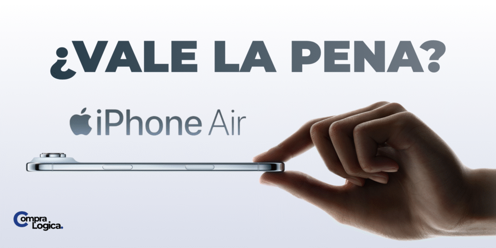 iPhone Air, el nuevo iPhone más delgado de Apple, sostenido entre dos dedos — imagen promocional usada en la reseña de Compra Lógica.